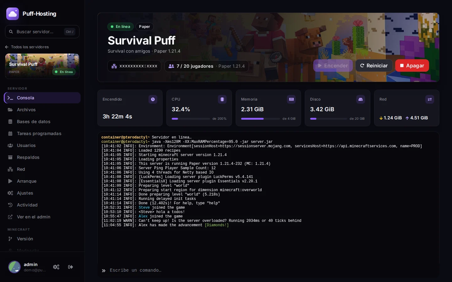Consola de un servidor de Minecraft en el panel de Puff-Hosting
